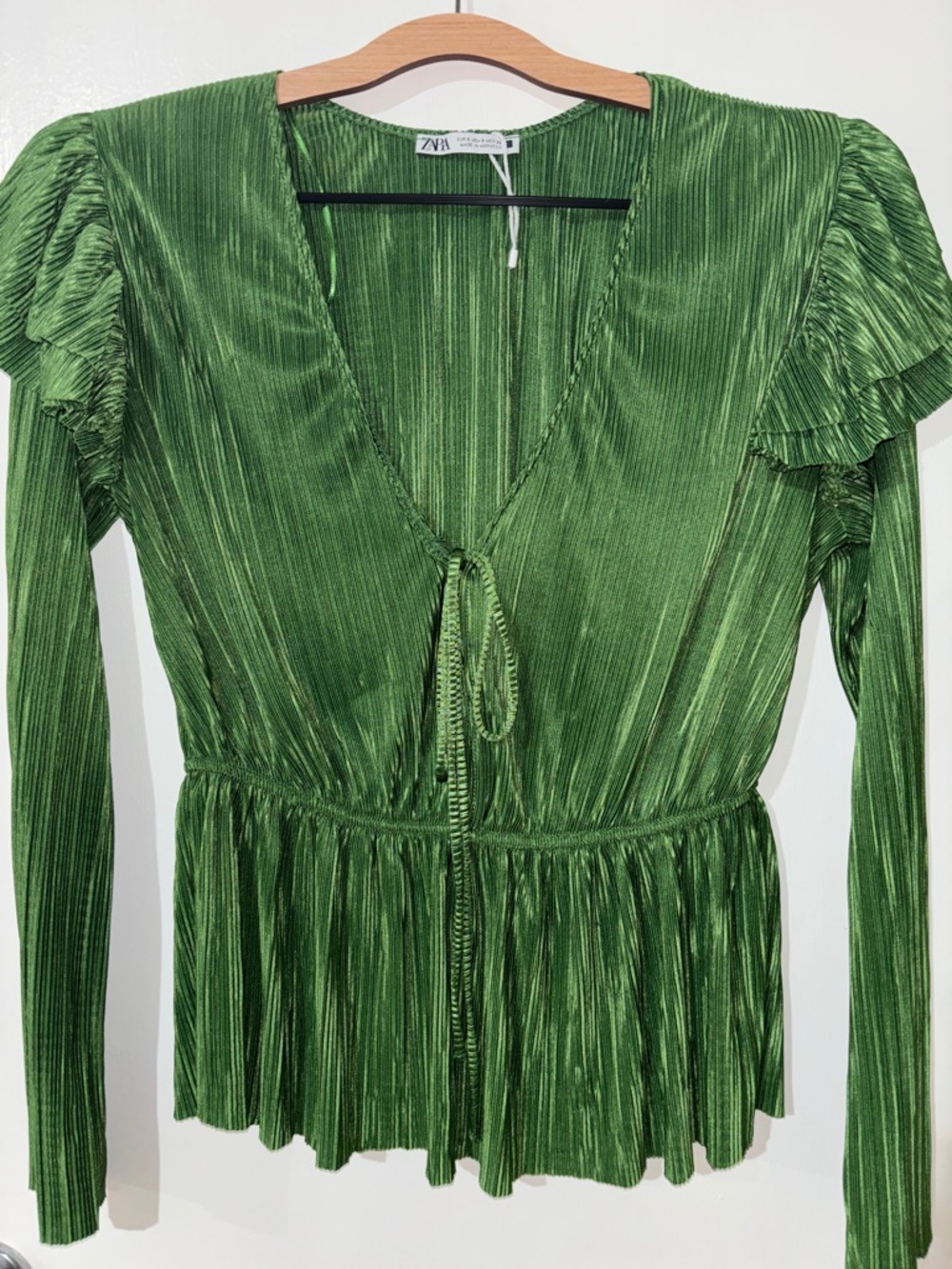 Zara Emerald Green Pleated V-Neck Tie-Front Blouse